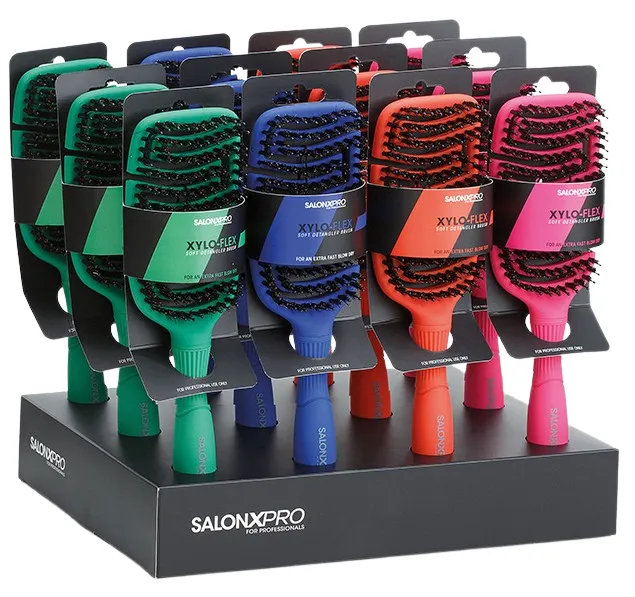 Espositore Xanitalia SalonXPro con 12 spazzole Xylo-Flex colorate